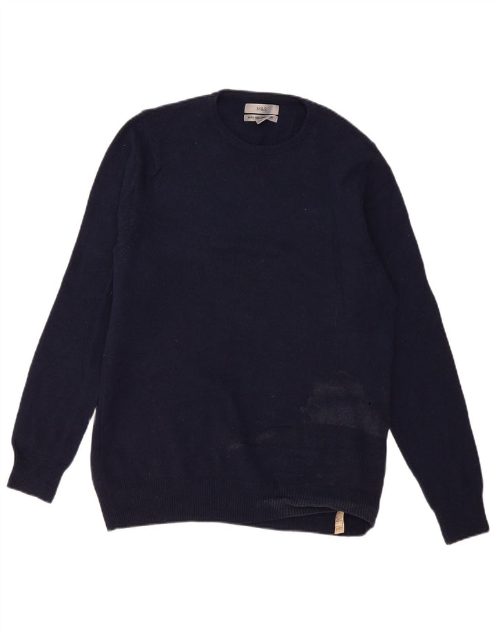 Maglione maglione girocollo da uomo Marks & Spencer medio blu navy in lana d'agnello