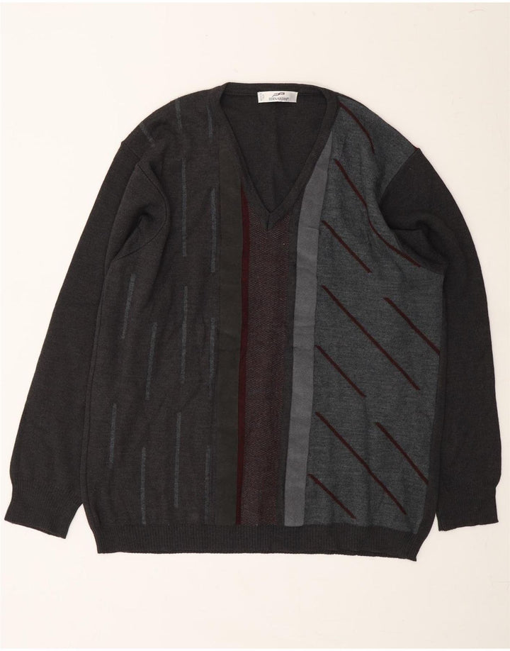 BERNARDINI Mens V-Neck Jumper Sweater Large Grey Striped Polyacrylic Vintage Bernardini and Second-Hand Bernardini from Messina Hembry 