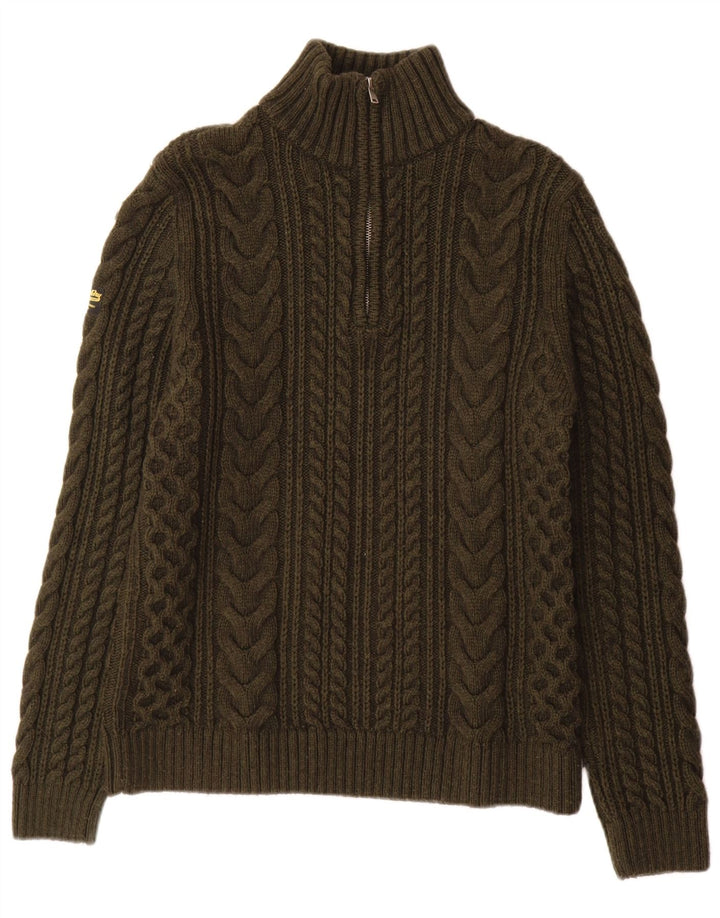 Maglione da uomo con zip e collo Superdry in lana kaki piccola