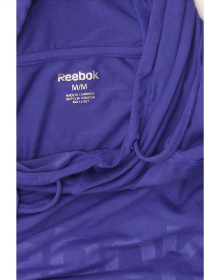 REEBOK Womens Crop Graphic Hoodie Jumper UK 14 Medium Blue Polyester Vintage Reebok and Second-Hand Reebok from Messina Hembry 