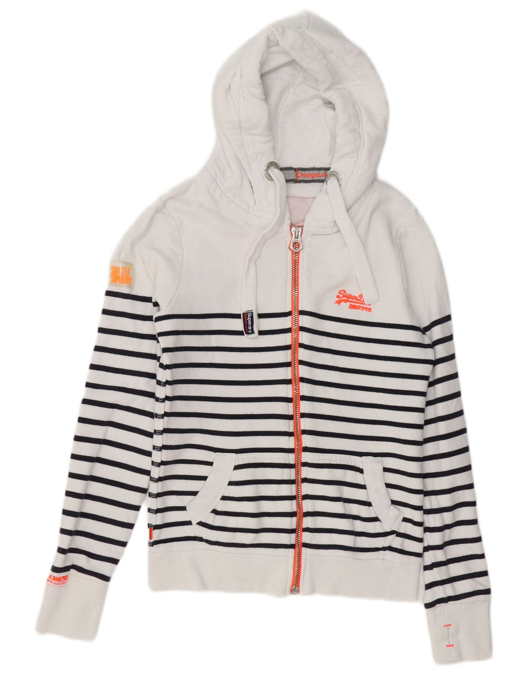 Maglione con cappuccio e zip da donna SUPERDRY UK 6 XS cotone a righe bianche