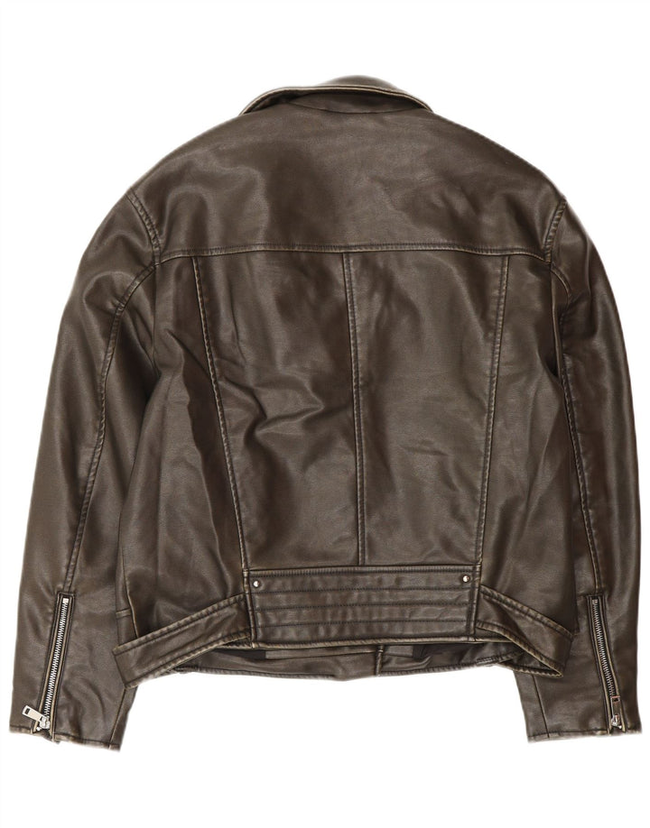 Giacca da motociclista oversize in pelle da donna Zara UK 10 piccola poliestere marrone