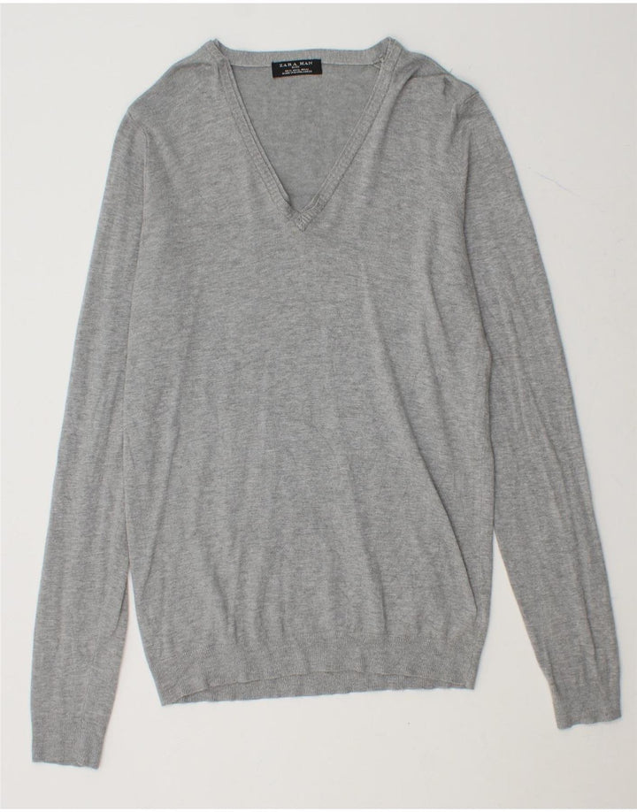 ZARA Mens V-Neck Jumper Sweater XL Grey Vintage Zara and Second-Hand Zara from Messina Hembry 