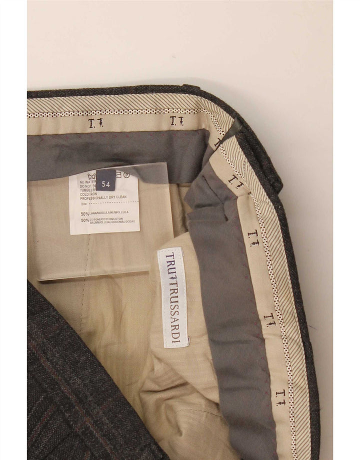 Pantaloni da Abito Dritti Trussardi Uomo W36 L33 Lana a Quadri Grigi