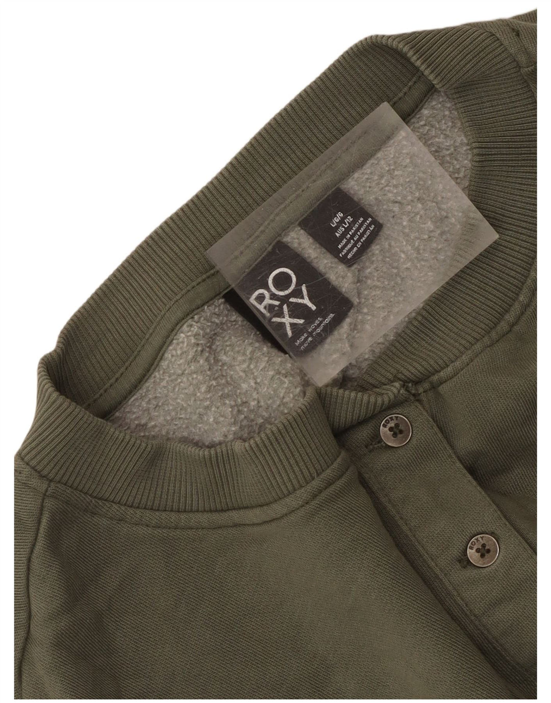 Felpa da donna con collo con bottoni Roxy, maglione UK 16, grande cotone kaki