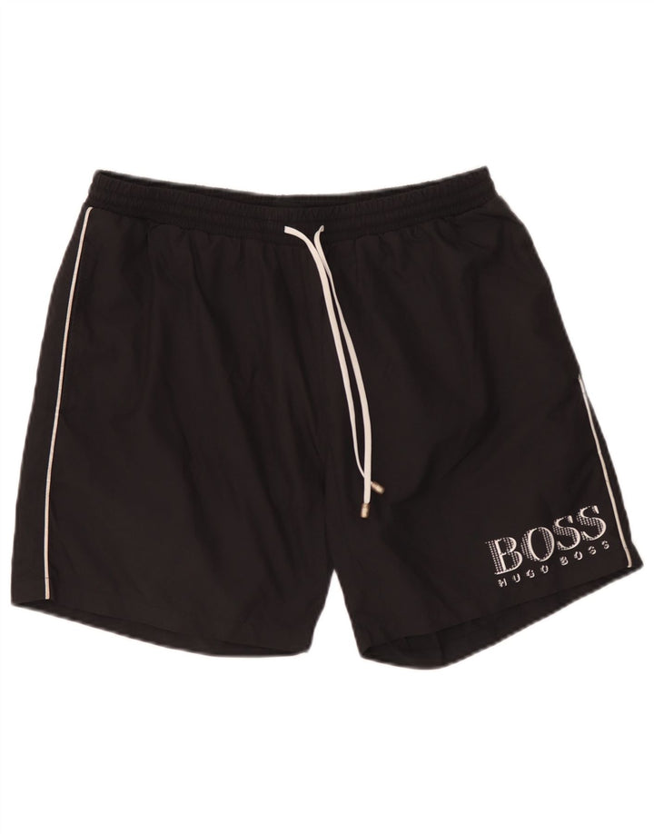 Pantaloncini da bagno grafici da uomo Hugo Boss grandi in poliestere nero