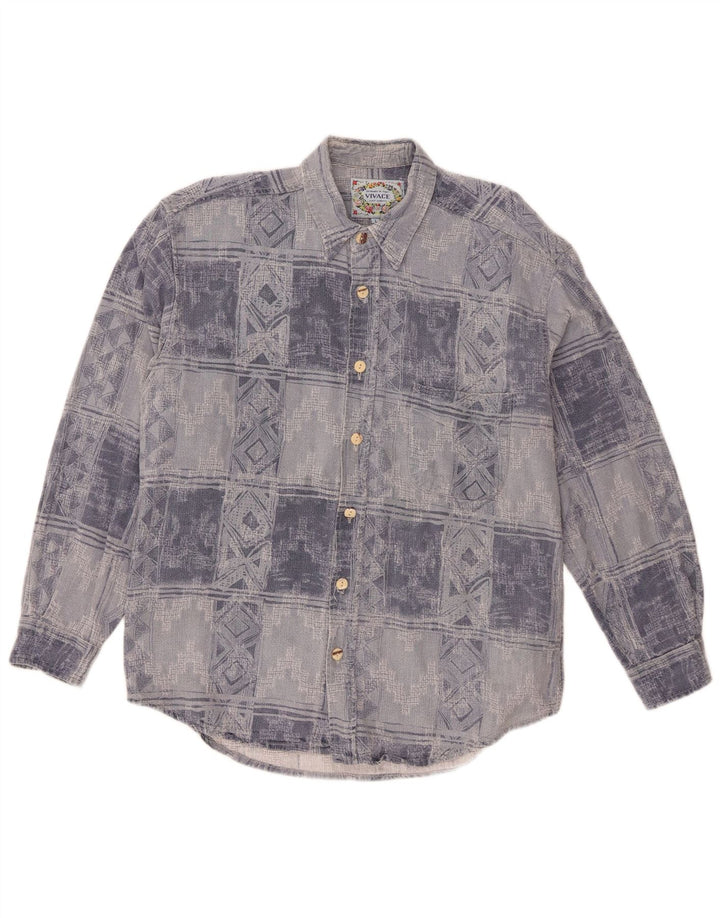 Camicia vintage da uomo in flanella di cotone geometrico blu grande