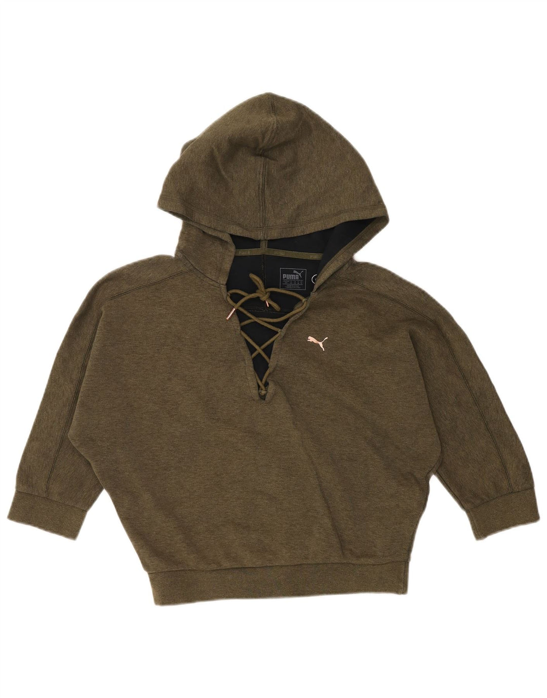 PUMA Felpa con cappuccio a pipistrello con maniche a 3/4 da donna UK 10 Small Cotone kaki