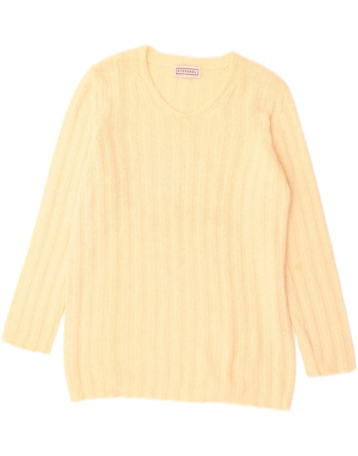 Maglione maglione da donna con scollo a V Stefanel UK 14 grande giallo