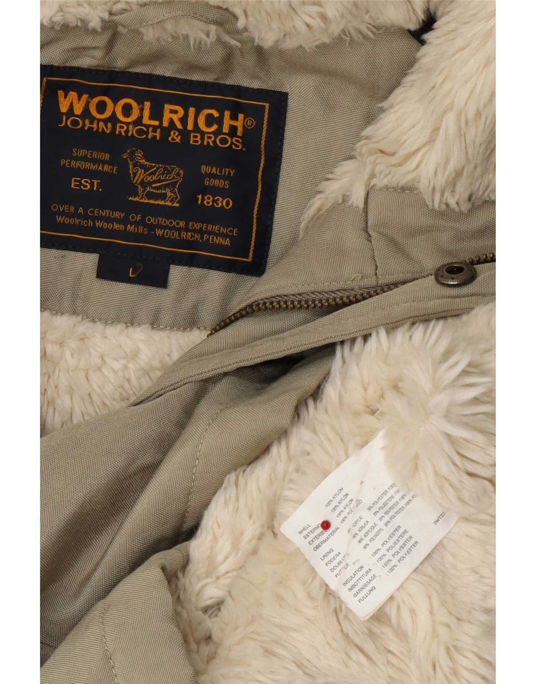 Giacca in shearling con cappuccio da uomo Woolrich UK 40 Large in nylon kaki