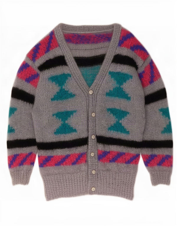 Maglione cardigan da donna vintage UK 10 piccolo grigio geometrico
