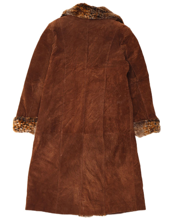 Soprabito vintage da donna in pelle scamosciata UK 14 grande pelle marrone con stampa animalier