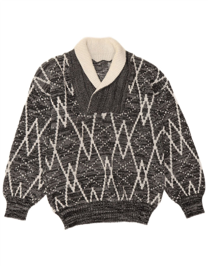 Maglione vintage da uomo con collo a scialle grigio medio geometrico