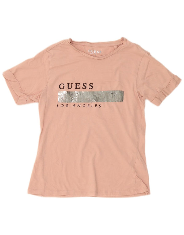 Guess T-shirt grafica da donna Top UK 10 Small Rosa Cotone