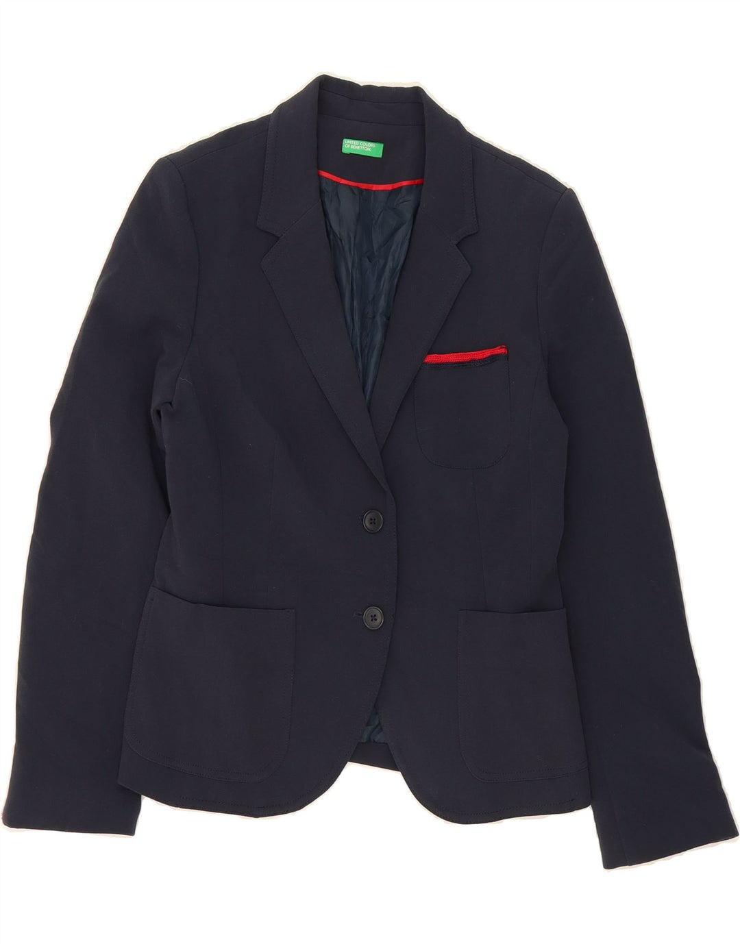BENETTON Womens 2 Button Blazer Jacket UK 10 Small Navy Blue Polyester Vintage Benetton and Second-Hand Benetton from Messina Hembry 