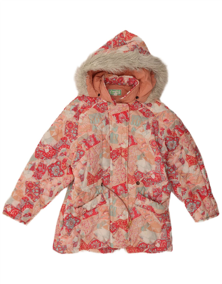 Giacca imbottita con cappuccio da donna vintage EU 40 medio floreale multicolore