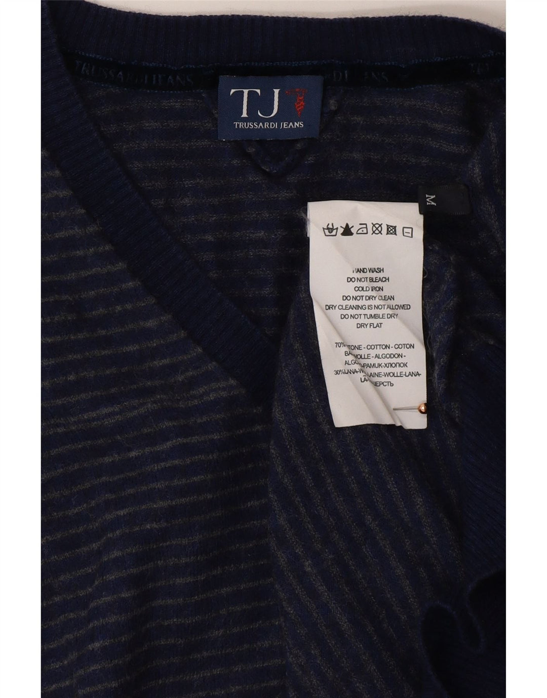 TRUSSARDI JEANS Maglia Uomo Scollo a V in Cotone Rigato Blu Medio