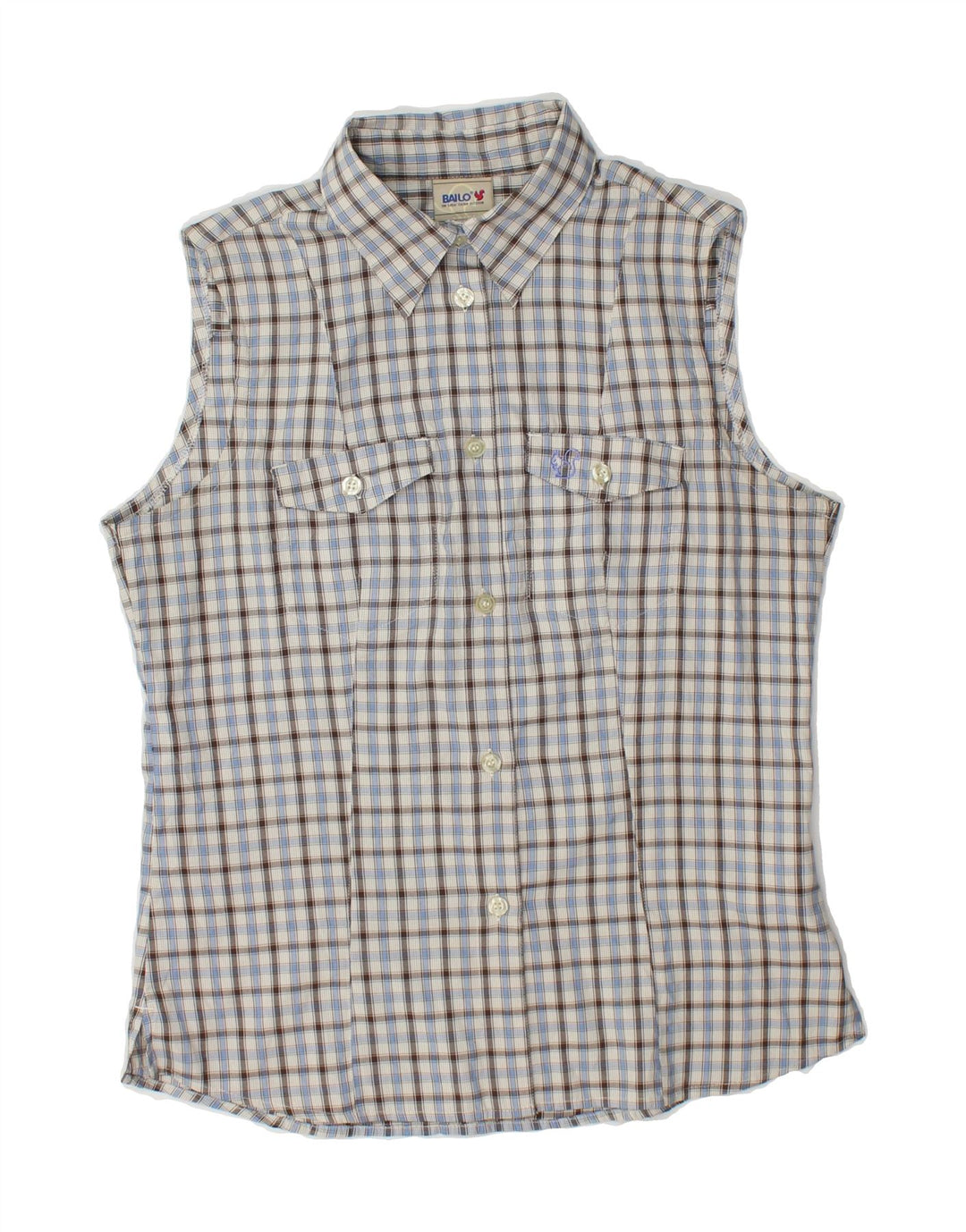 BAILO Womens Sleeveless Shirt UK 14 Medium Blue Check Polyester Vintage Bailo and Second-Hand Bailo from Messina Hembry 