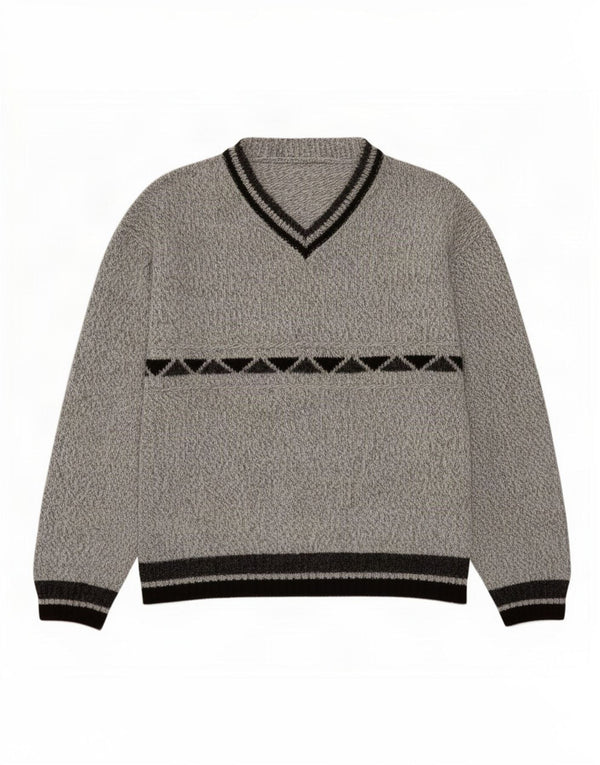 Maglione vintage da uomo con scollo a V in acrilico geometrico grigio medio