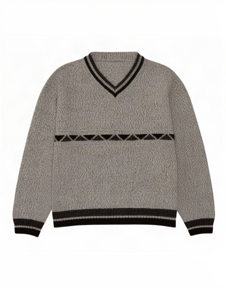 Maglione vintage da uomo con scollo a V in acrilico geometrico grigio medio