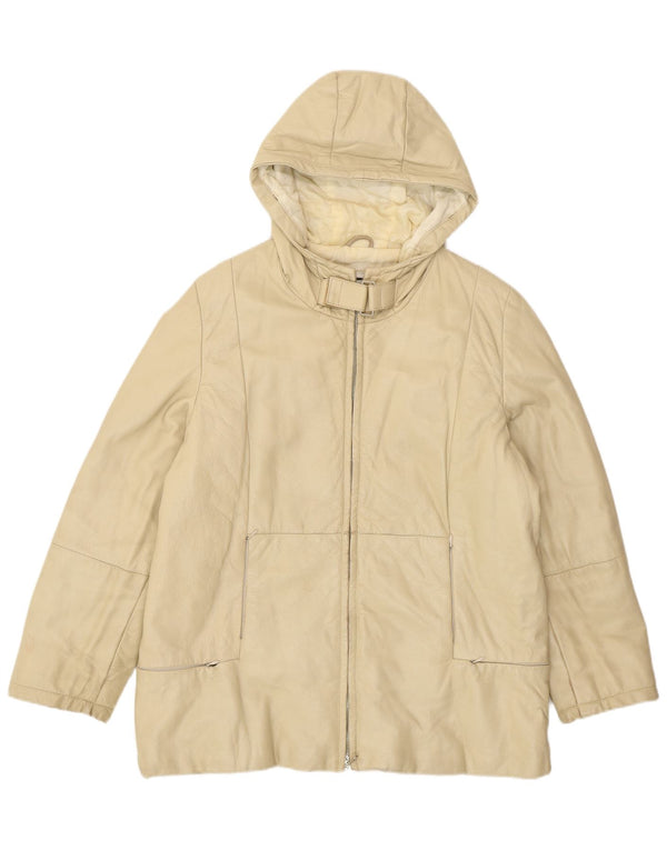 Giacca in pelle vintage da donna con cappuccio IT 46 grande in pelle beige