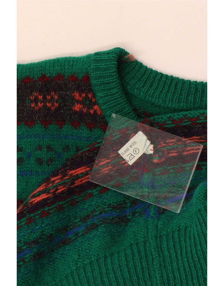 Maglione girocollo da uomo vintage in lana verde Fair Isle di grandi dimensioni