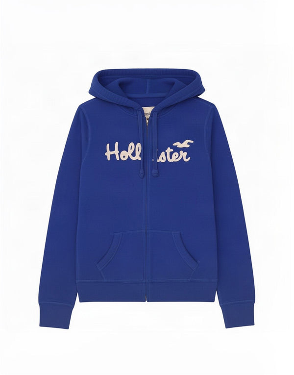 Felpa con cappuccio e zip Hollister Graphic Crop da donna UK 16 Large in cotone blu