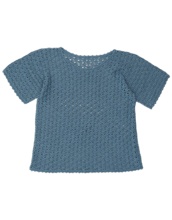 Top camicetta all'uncinetto da donna VINTAGE UK 16 grande blu