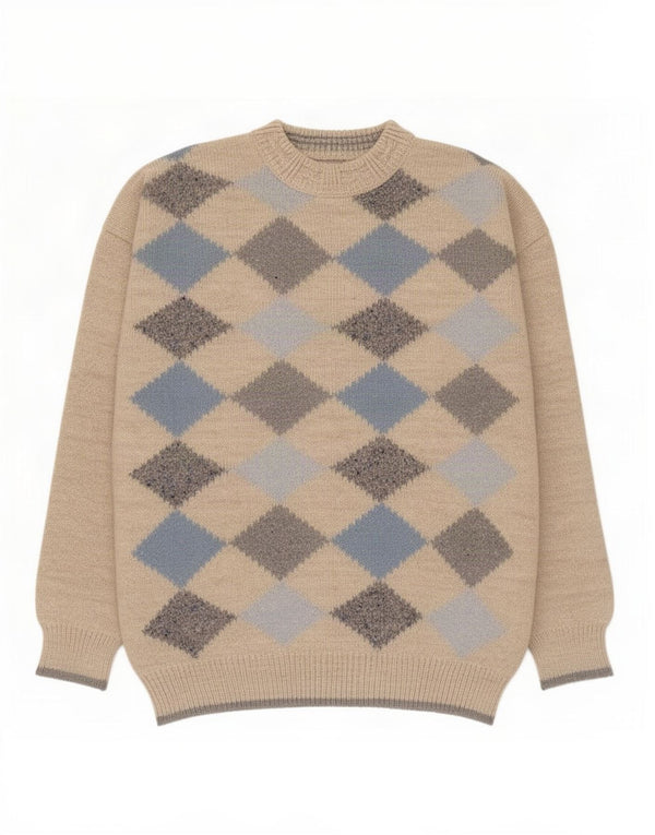 Maglione maglione girocollo da uomo vintage XL Beige Argyle/Diamond Alpaca Wool