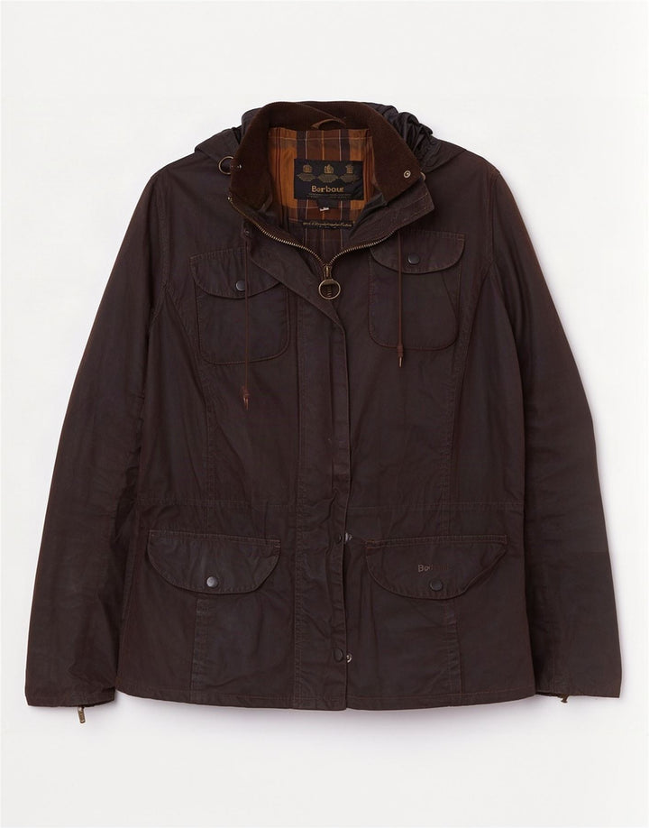 Giacca da donna in cotone cerato con cappuccio Barbour UK 14 grande marrone