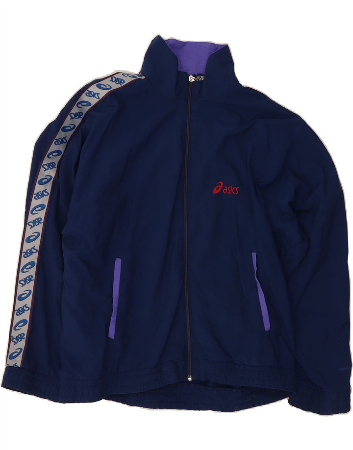 ASICS Mens Graphic Tracksuit Top Jacket IT 52 Large Navy Blue Colourblock Vintage Asics and Second-Hand Asics from Messina Hembry 