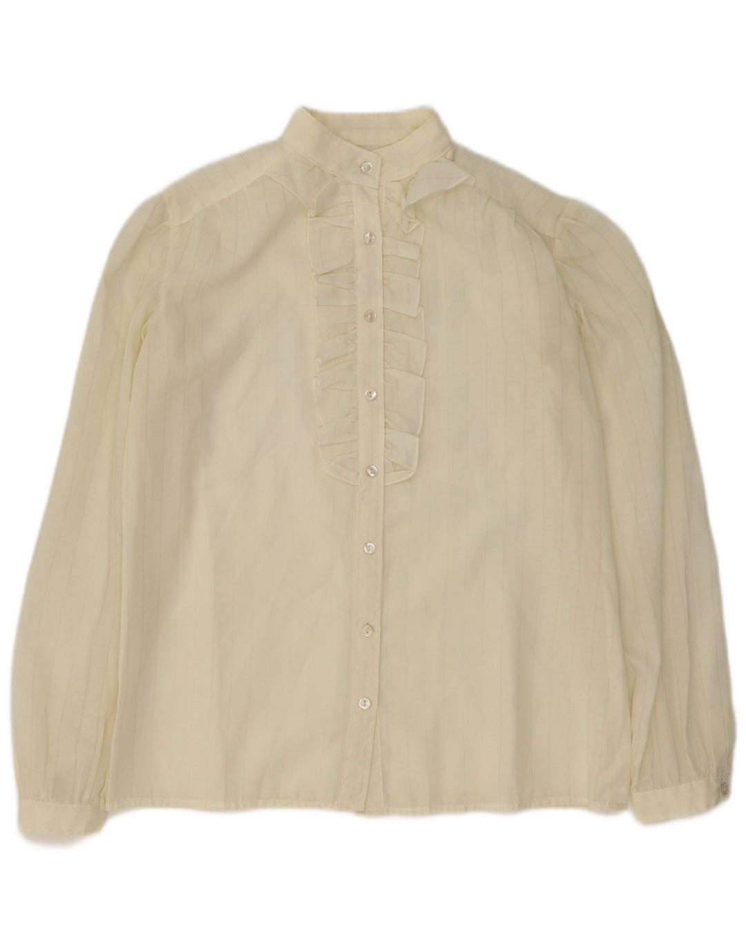 Camicetta da donna VINTAGE con volant sul davanti UK 16 a righe grandi bianco sporco