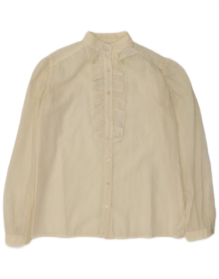 Camicetta da donna VINTAGE con volant sul davanti UK 16 a righe grandi bianco sporco