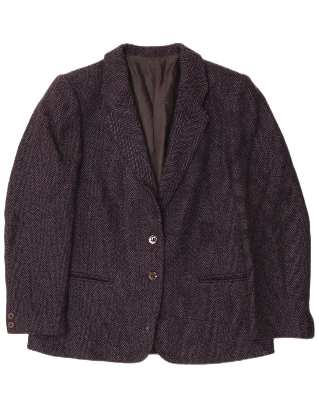 Giacca blazer vintage da donna a 2 bottoni UK 14 lana Chevron media blu navy