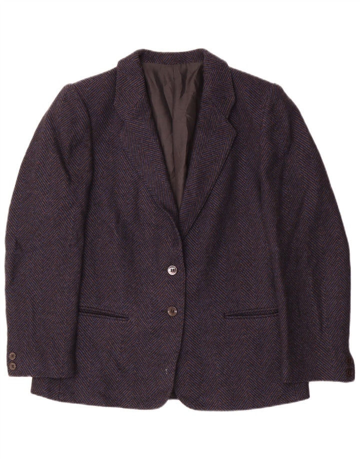Giacca blazer vintage da donna a 2 bottoni UK 14 lana Chevron media blu navy