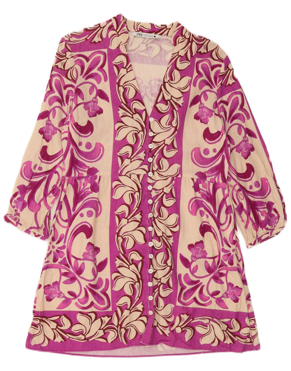 Abito camicia da donna con maniche a 3/4 Zara UK 12 Lino floreale rosa medio