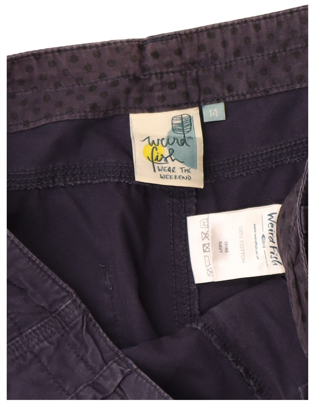 WEIRD FISH Pantaloni Capri da donna UK 14 Large W34 Cotone blu navy
