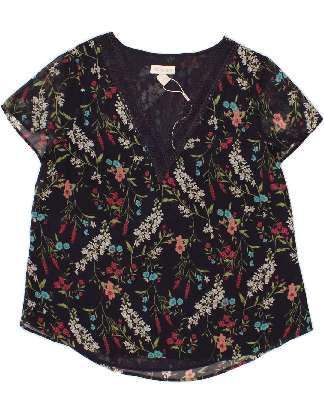 MONSOON Womens Graphic Blouse Top UK 14 Large Black Floral Polyester Vintage Monsoon and Second-Hand Monsoon from Messina Hembry 