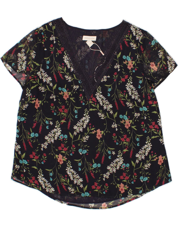MONSOON Womens Graphic Blouse Top UK 14 Large Black Floral Polyester