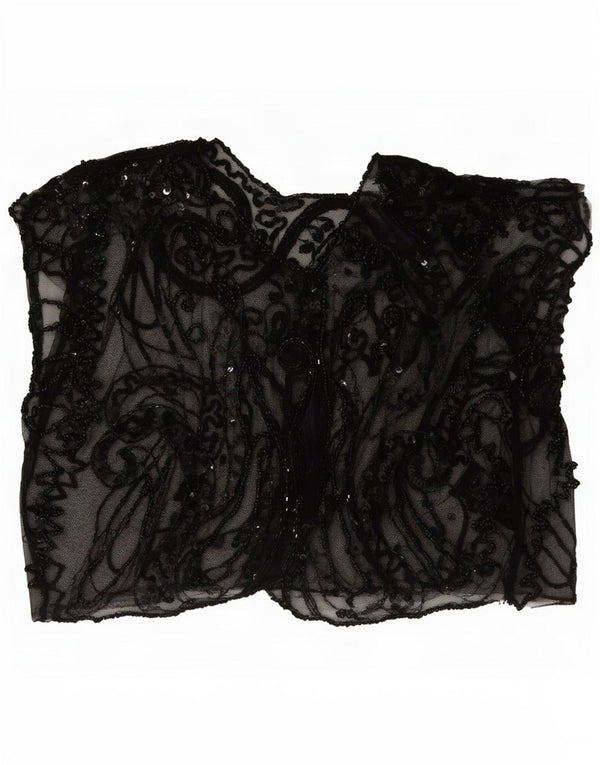 Top corto trasparente da donna vintage senza maniche UK 8 piccolo motivo cachemire nero