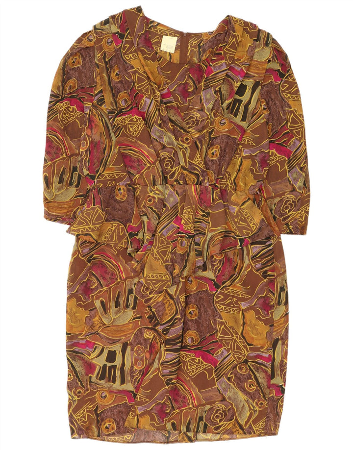 Abito a tubino con maniche a 3/4 con motivo astratto vintage da donna UK 24 4XL Marrone