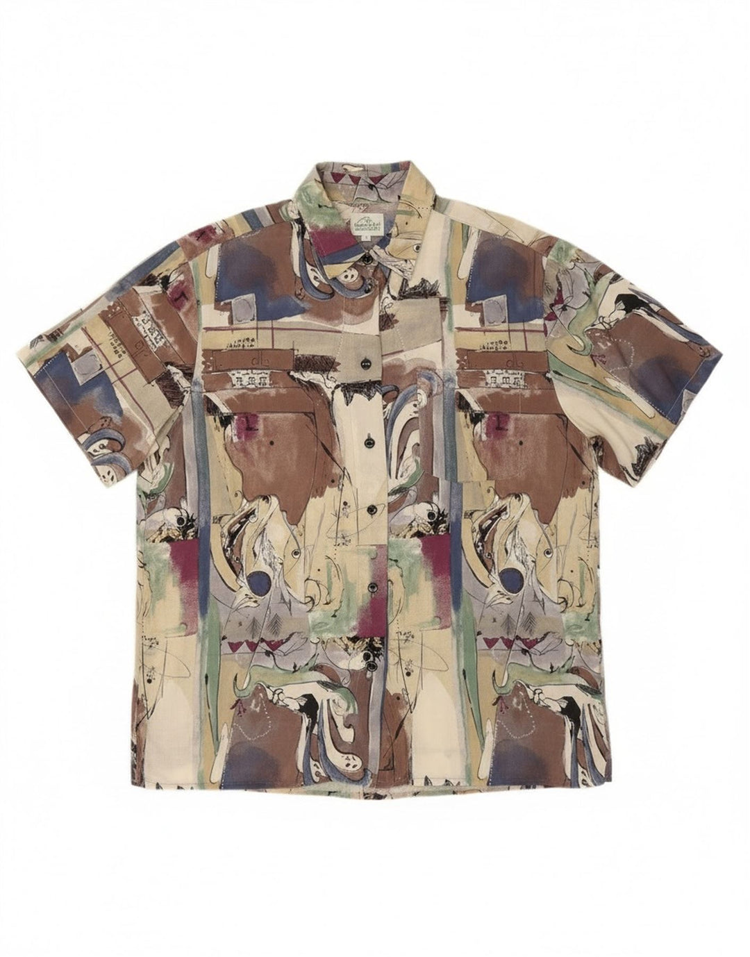 Camicia a maniche corte vintage da donna con motivo astratto grande multicolore