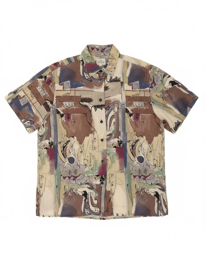 Camicia a maniche corte vintage da donna con motivo astratto grande multicolore