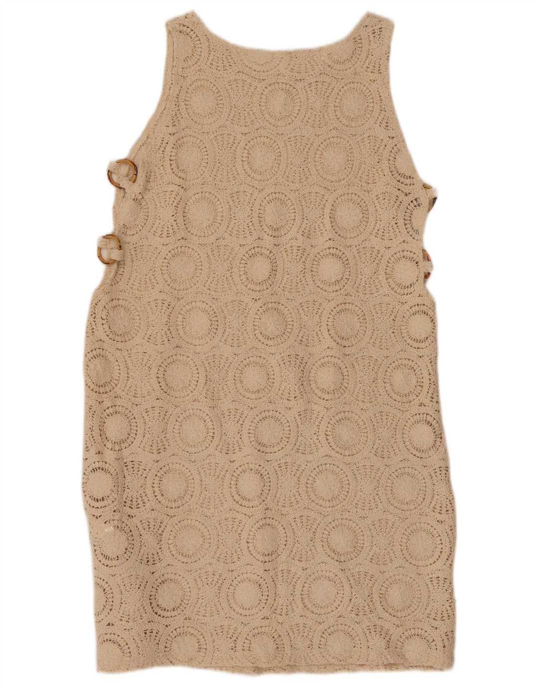 Abito a trapezio senza maniche all'uncinetto da donna VINTAGE UK 10 piccolo cotone beige