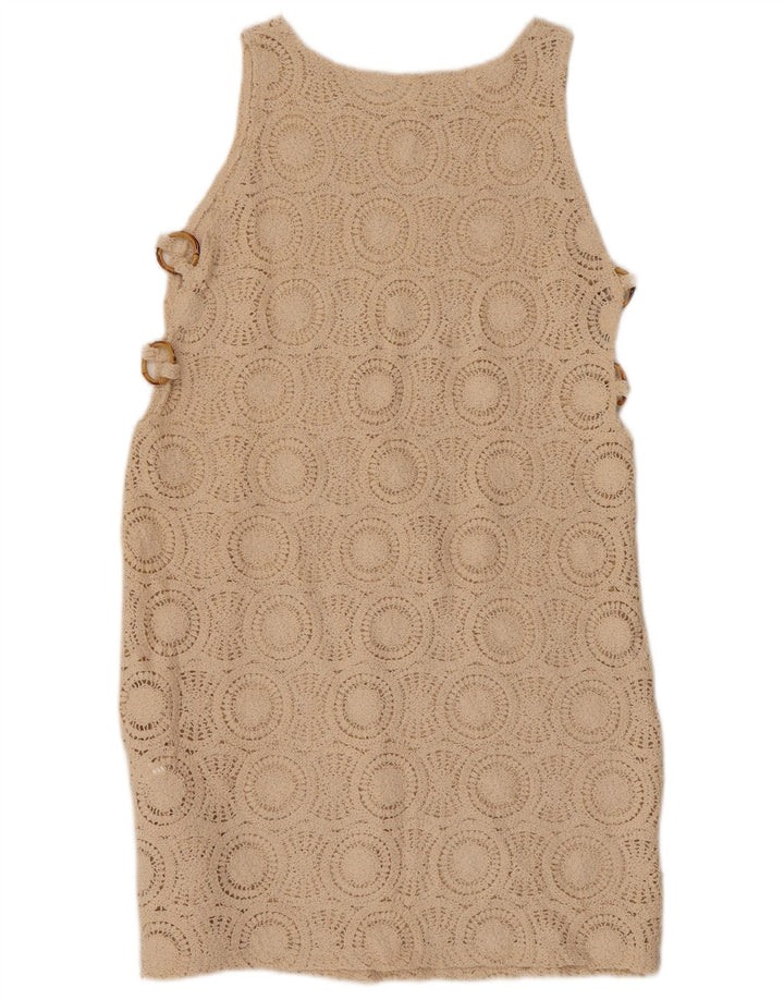 Abito a trapezio senza maniche all'uncinetto da donna VINTAGE UK 10 piccolo cotone beige