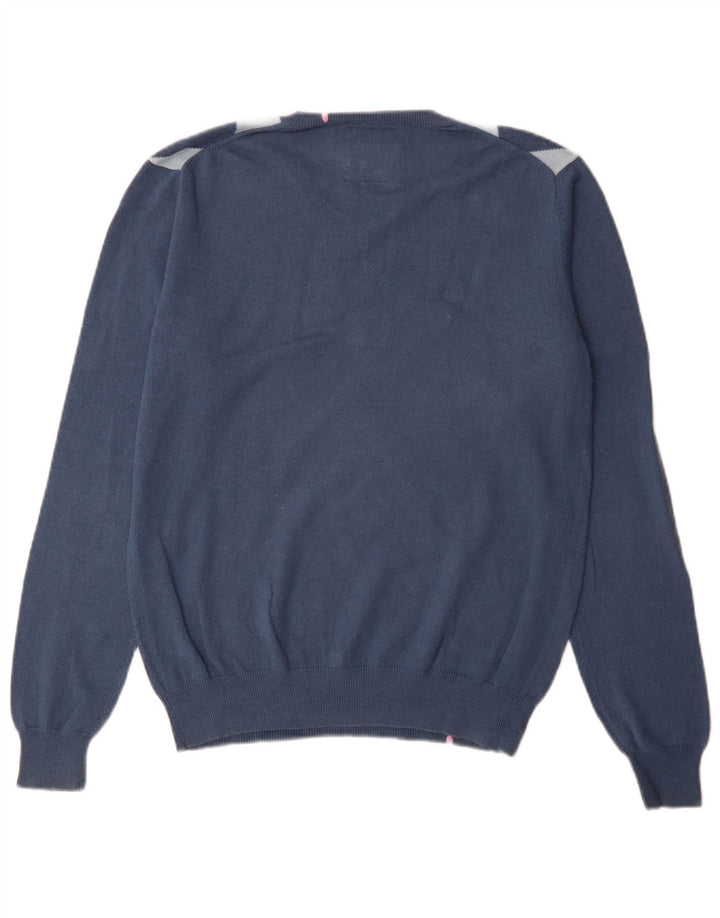 Maglione da uomo con scollo a V Sun68 blu medio argyle/cotone diamante