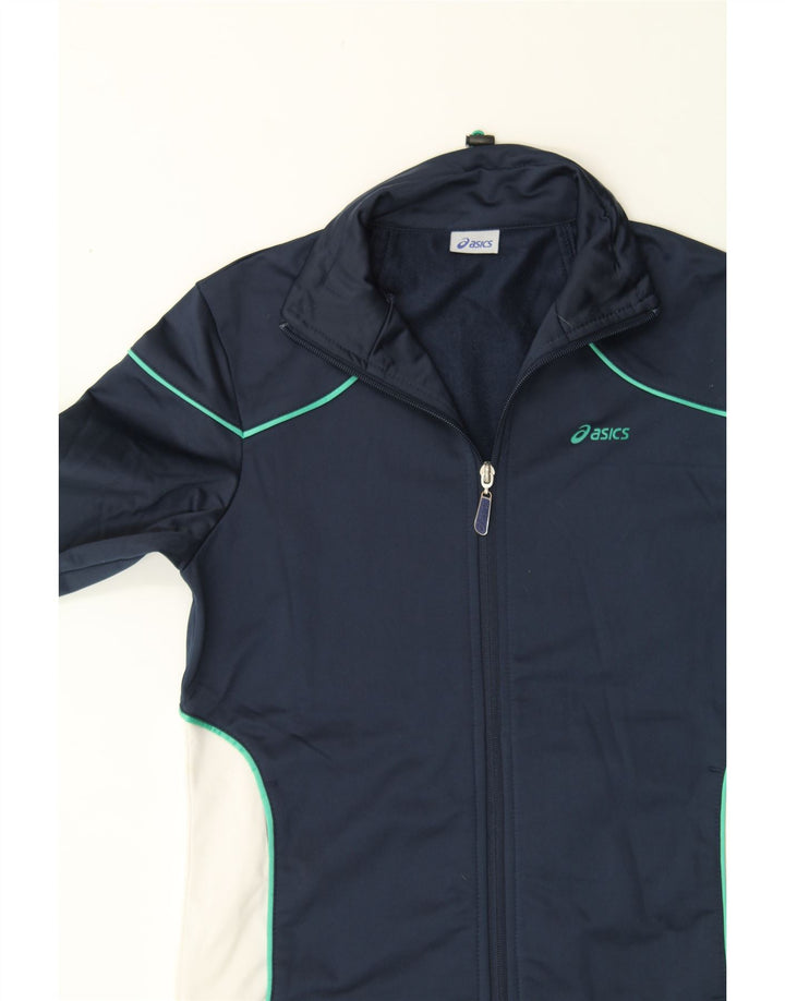 ASICS Womens Tracksuit Top Jacket UK 10 Small Navy Blue Colourblock Vintage Asics and Second-Hand Asics from Messina Hembry 