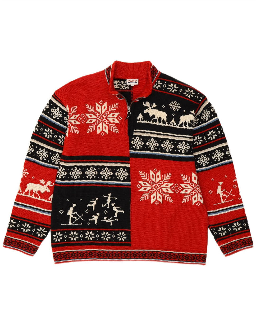 Steffner Maglione da uomo con zip e collo, grande, in lana vergine Fair Isle, rosso