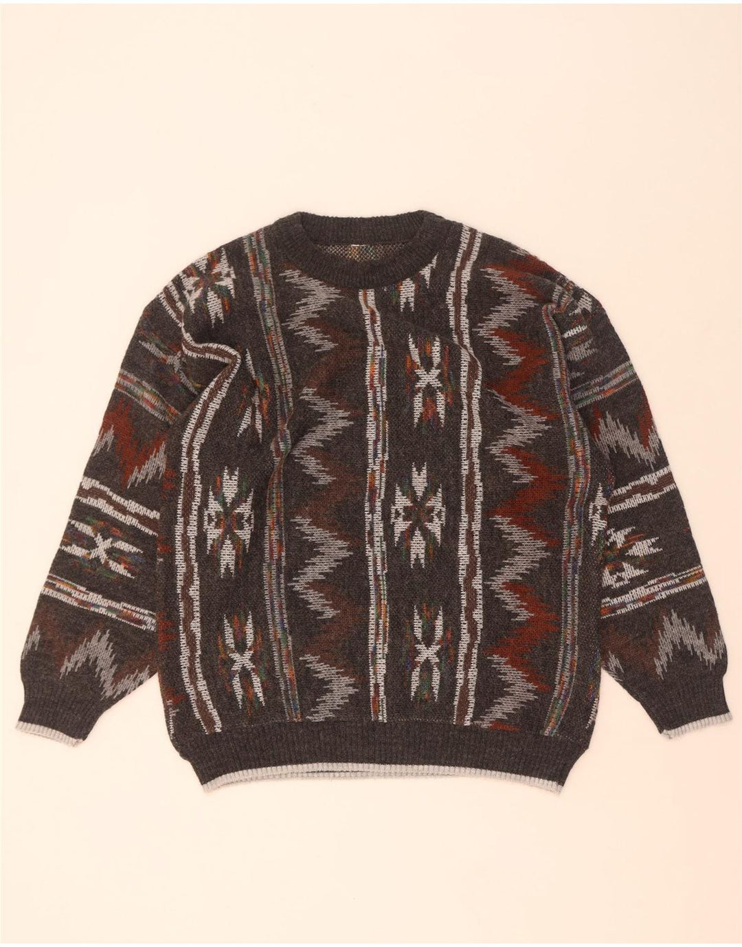 Maglione maglione girocollo da uomo vintage grigio medio geometrico