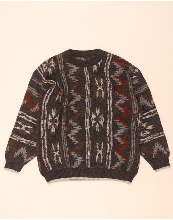 Maglione maglione girocollo da uomo vintage grigio medio geometrico
